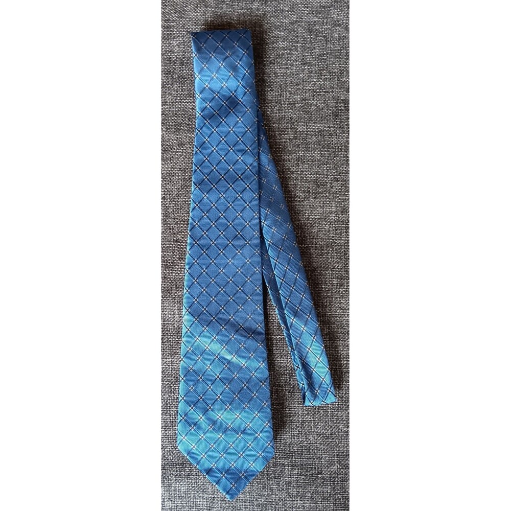 Tie 70s 80s 90s Y2K Mens Classic Blue Check 3.5 Wide 59 Long
